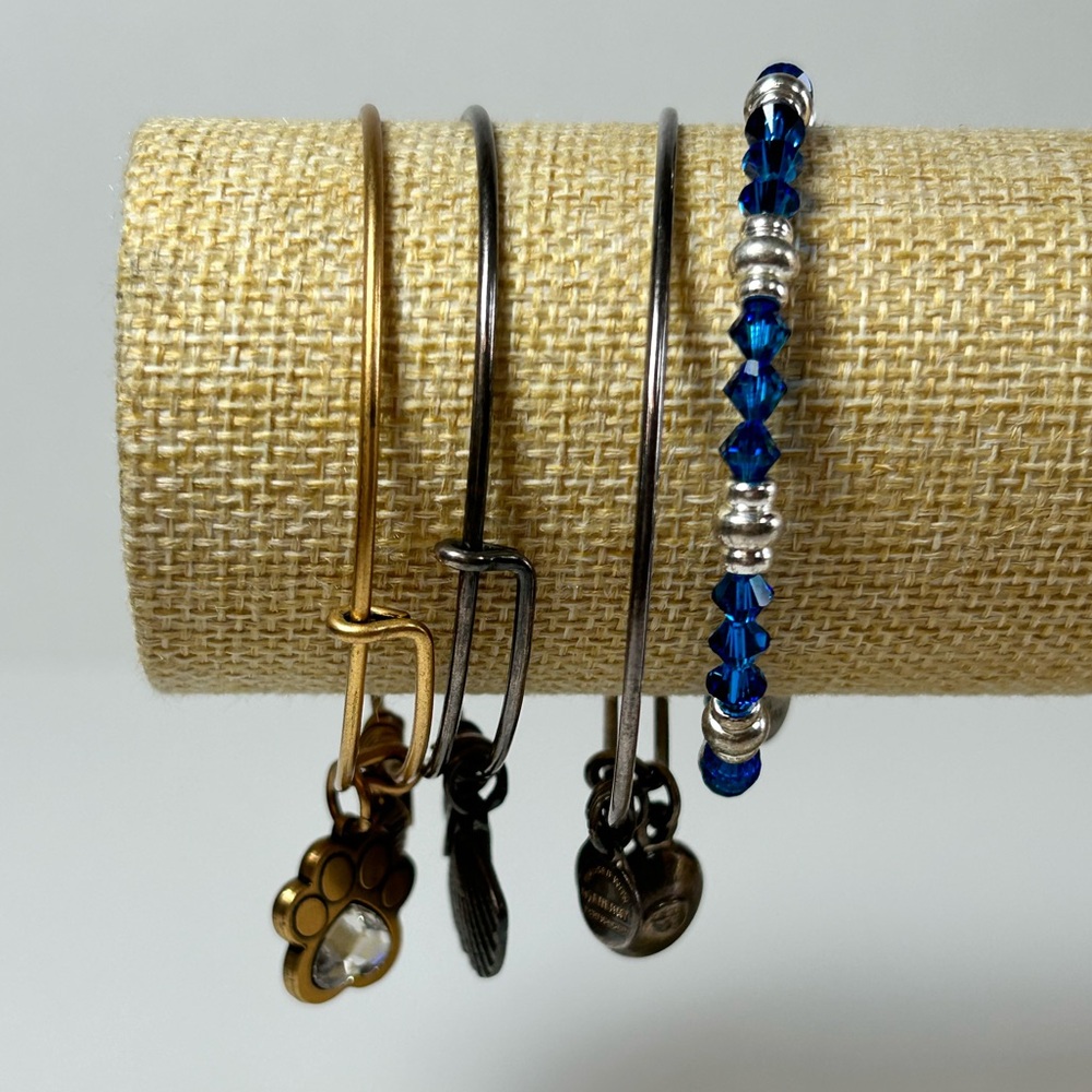 Alex and Ani Lot Bundle Four Charm Bracelets Blue Crystal Gold and Silver Tone